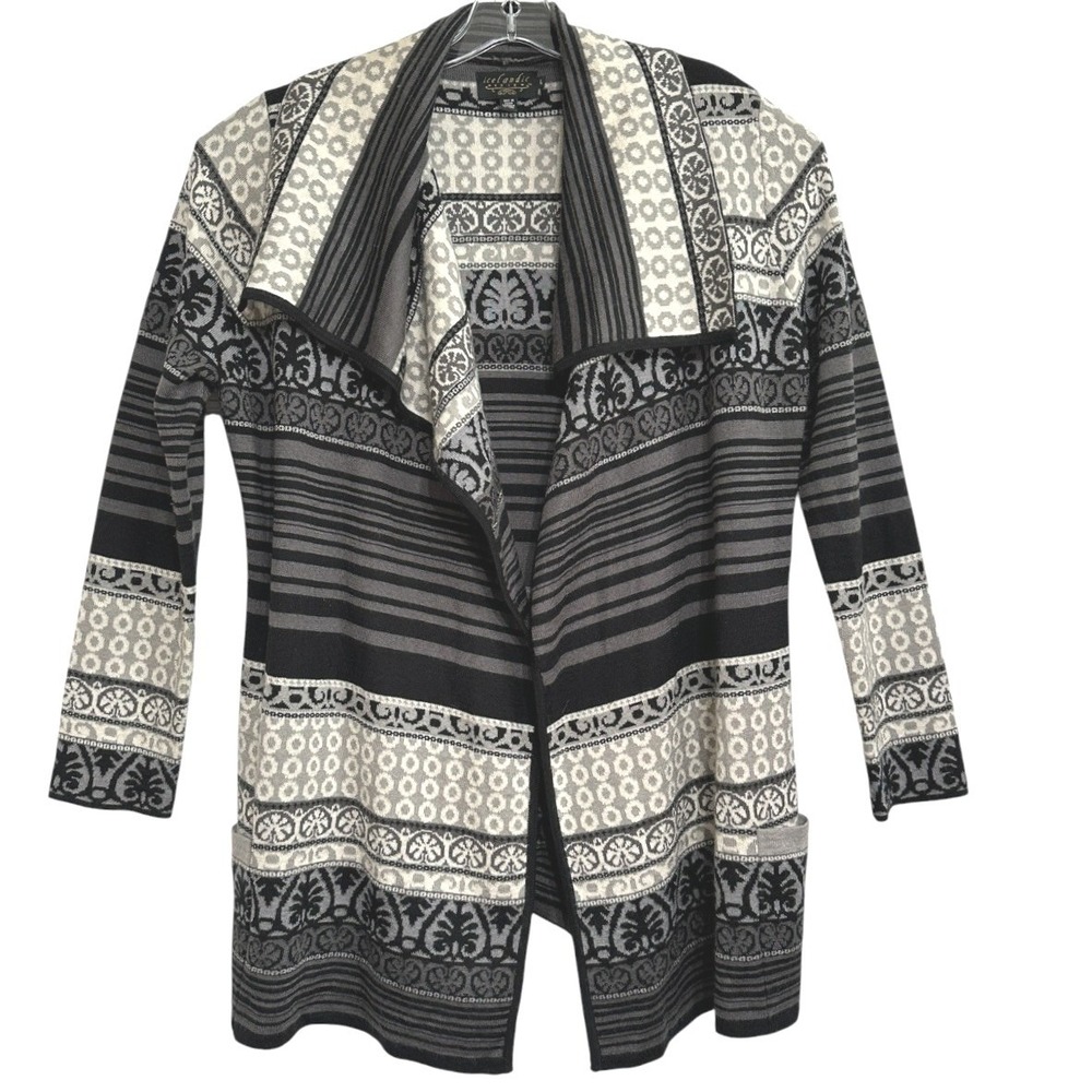 Icelandic Design Cardigan Women Black Grey Wool Intarsia Shawl Art To Wear L